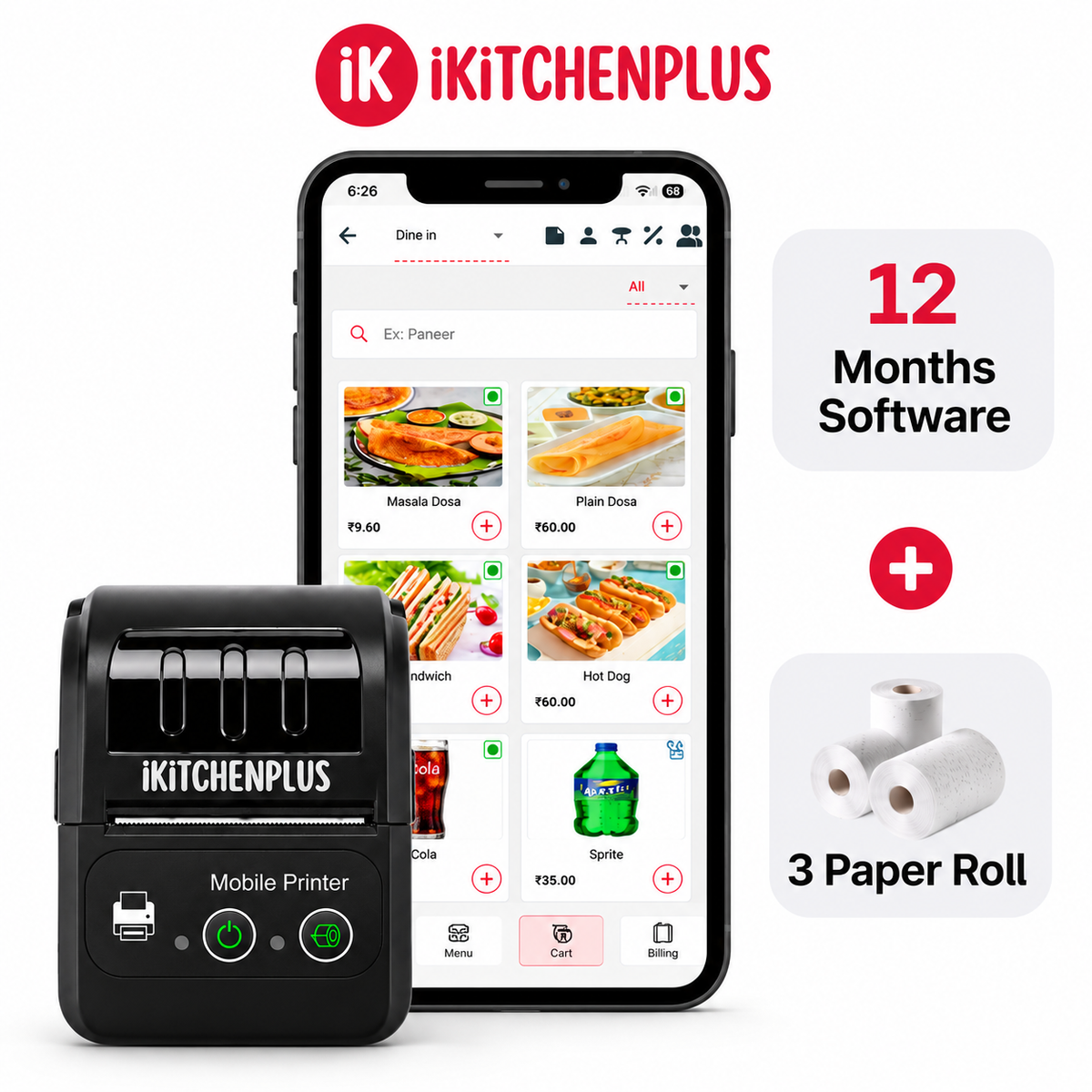 iKitchenPlus Billing Software + Printer + Paper Roll Combo